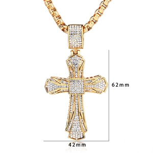 Golden iced out stainless steel cross pendant necklace with clear crystals 62mm by 42mm