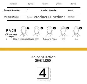 Detailed size guide for metal polarized sunglasses with UV400 frame dimensions table
