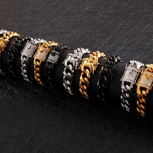 Men's titanium steel Cuban link bracelets in gold, silver, and black with pave zircons