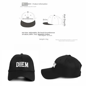 Size specifications for DIEM cotton baseball cap including brim length and head circumference