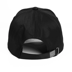 Rear view of black cotton baseball cap showing adjustable strap with dark metal buckle
