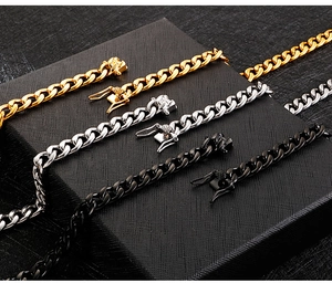 Detailed view of stainless steel Cuban link chains in gold, silver, and black finishes
