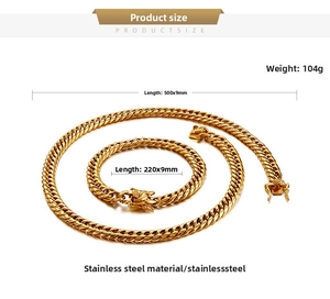 Detailed macro view of gold-plated stainless steel curb chain set with measurements