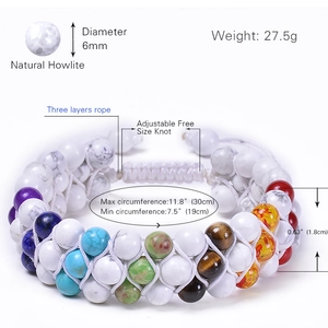 Bracciale intrecciato a tre strati in pietre naturali howlite 6mm e cordino regolabile
