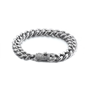 Men Stainless Steel Cuban Link Bracelet Hip Hop Polished Chain With Rhinestone Clasp Streetwear Jewelry