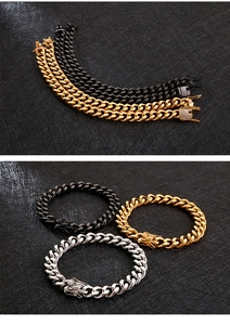 Detailed view of 11mm cuban link bracelets in gold, silver, and black with rhinestone clasp