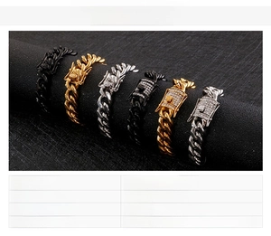 Detail showing 11mm stainless steel Cuban chains in gold, silver, and black with rhinestones