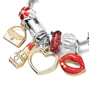 Adjustable stainless steel wire charm bracelet with red enamel lipstick and heart charms