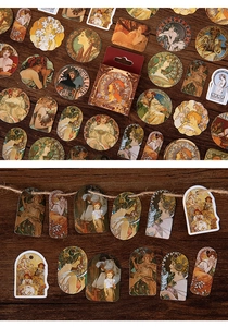 Vintage Art Nouveau style stickers and tags set featuring elegant Alphonse Mucha designs