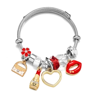 Adjustable steel wire cable charm bracelet with red lipstick and heart pendants