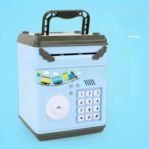 Blue electronic ATM piggy bank for kids featuring a safe lock and digital keypad