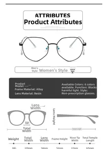 Size guide for polygonal anti-blue light glasses with frame dimensions and weight details