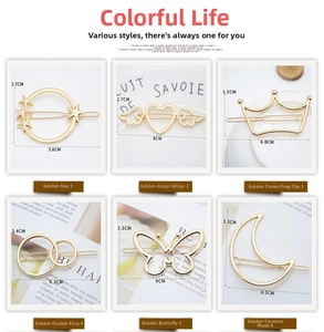 Detailed size chart of six golden alloy hair clips with heart and star shapes