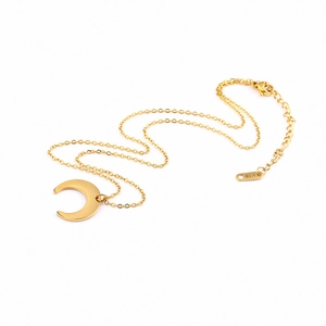 Minimalist 18K gold plated stainless steel crescent moon pendant necklace on white backdrop