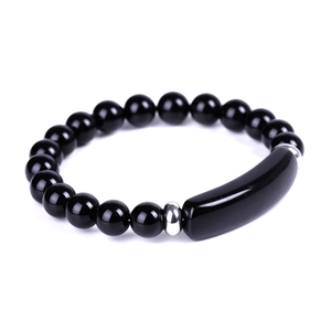 8mm black beaded bracelet featuring rectangular center plate and silver metal spacers