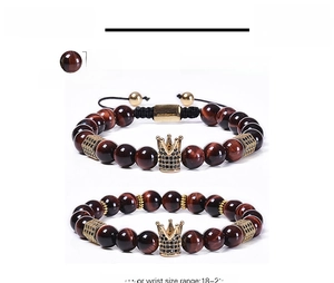 8mm Red Tiger Eye beaded bracelets with crown charm and size parameters detail