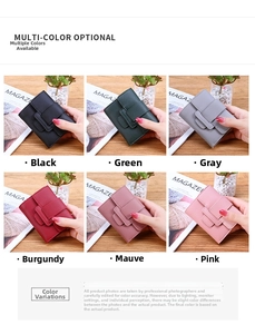 Selection of compact tri-fold women's wallets in black, green, grey, maroon, and pink