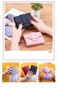 Detailed view of compact PU leather tri-fold wallets in multiple colors with drawstring strap