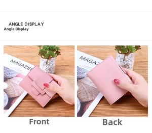 Front and back detail views of the slim pink trifold wallet with lychee leather texture