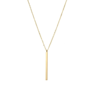 Detailed close-up of a minimalist 18K gold-plated vertical bar pendant on an O-chain