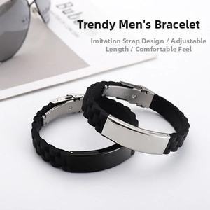 Detailed view of adjustable black silicone and steel bracelets with folding clasps
