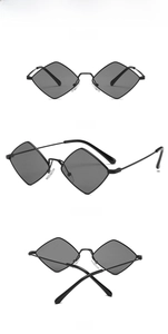 Three-view display of vintage rhombic metal sunglasses with dark gray lenses