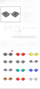 Detailed size specifications for trendy diamond-shaped metal sunglasses and 12 colors chart