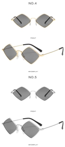 Detail view of geometric diamond sunglasses with metal frames in gold and silver finish