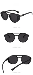 Detail of steampunk sunglasses with side shields and double bridge in black and grey