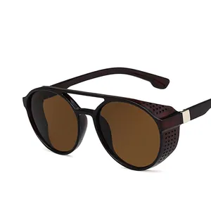 Steampunk round sunglasses with brown lenses and metal mesh side shields at 45-degree angle