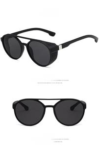 Detail view of steampunk sunglasses with matte black double bridge and side shields