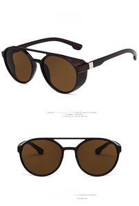Detail of steampunk sunglasses with brown frame, dual bridges and side metal shields