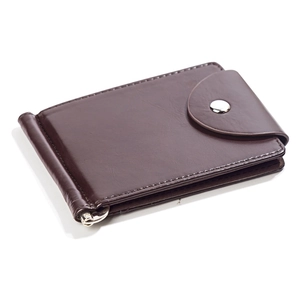 Detail view of brown cross-grain PU leather wallet with sturdy metal spring money clip