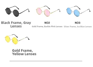 Four pairs of retro round polarized sunglasses in black, gold, silver, and pink finishes