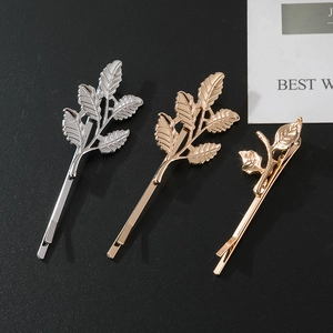 Three-piece leaf hairpin set in silver, gold, and rose gold finishes with detailed veins
