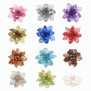 Artificial Poinsettia Flowers Plastic With Glitter Powder Hollow Shimmering For Christmas Tree Decor Wedding Party DIY Wreaths