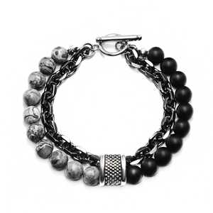 Bracelet double couche pour homme avec perles mates noires, pierre de carte et chaîne