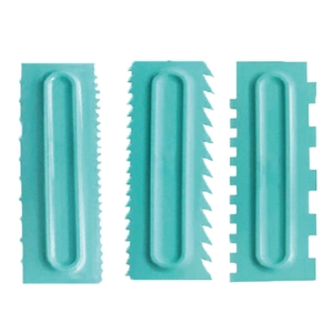 Three blue plastic cake scrapers with varied jagged edges for decorating cream patterns