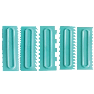 Set of 5 lake blue plastic cake scrapers with different serrated edge patterns for baking