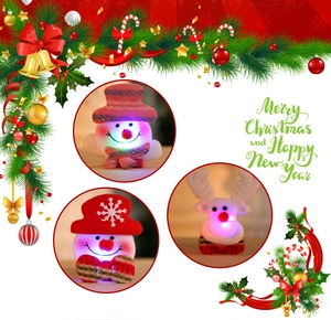 Detailed view of glowing LED snowman and reindeer Christmas ornaments in dark setting