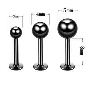 Three black stainless steel labret studs with 3mm, 4mm, and 5mm balls on white background