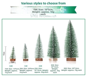 Guida alle taglie per mini alberi di Natale innevati, altezze da 10 cm a 30 cm totali