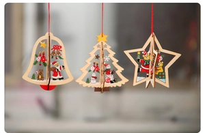 Detailed laser-cut wooden Christmas ornaments with star, bell, and tree festive patterns