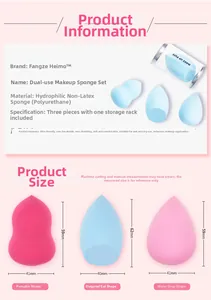 Size chart showing dimensions for gourd, beveled, and teardrop makeup sponge blenders