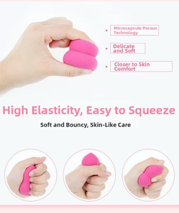 Close-up of pink beauty blender showing micro-pore texture and high rebound flexibility