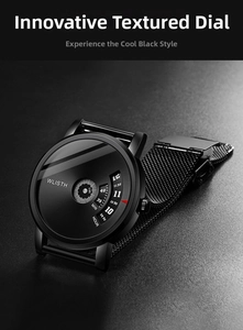 Close-up of WLISTH black mesh watch with rotating dial and premium metal texture