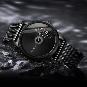 WLISTH men's black watch with turntable dial and metal mesh strap on dark wet rocks