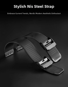 Close-up of black Milanese stainless steel mesh watch strap with secure folding clasp