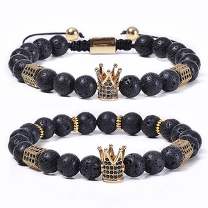 Lava Stone Bracelet Copper Zircon Crown Adjustable Braided Rope Essential Oil Diffuser Unisex Jewelry