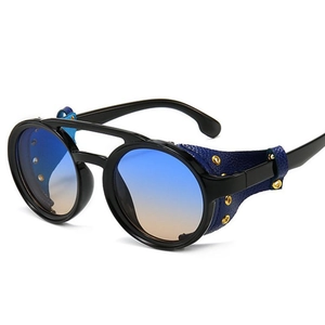 Steampunk round sunglasses with gradient lenses and studded leather side shields